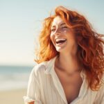 smiling woman with red hair on the beach