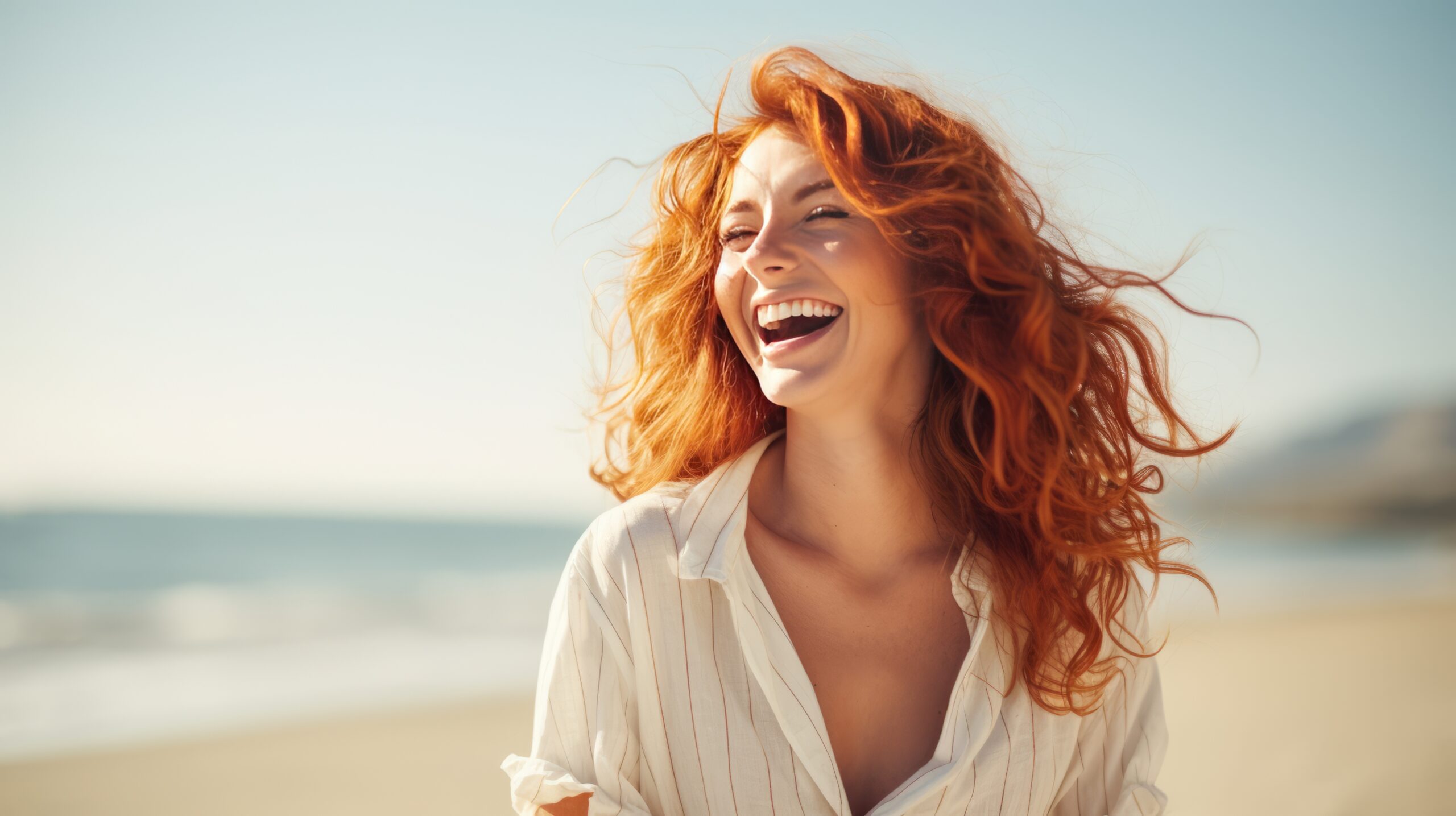 smiling woman with red hair on the beach